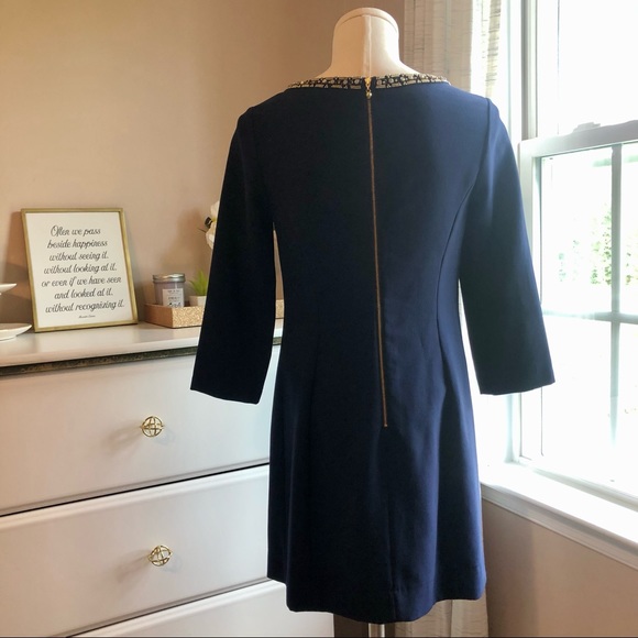 LILLY PULITZER Bronte Embellished Keyhole Crepe Shift Dress Navy/Gold Sz 2 - Picture 6 of 15